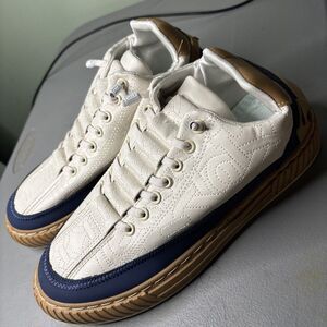 Men's Casual Quilted Leather Sneakers in White, Navy & Gold